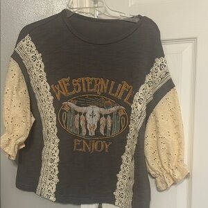 SHEIN Western Graphic Gray and Cream Top